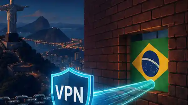 AI editorial illustration representing a VPN route around a regional internet restriction in Brazil