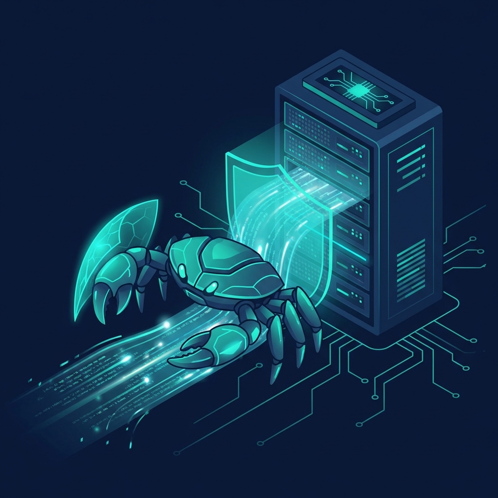OpenClaw security illustration showing a robotic crab and shield protecting a server