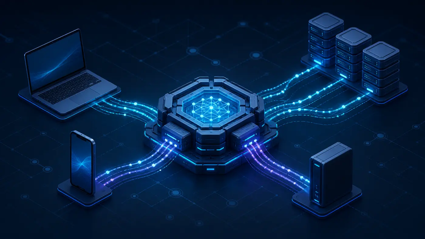 Editorial illustration of a shared VPN client engine linking computers and phones to remote servers