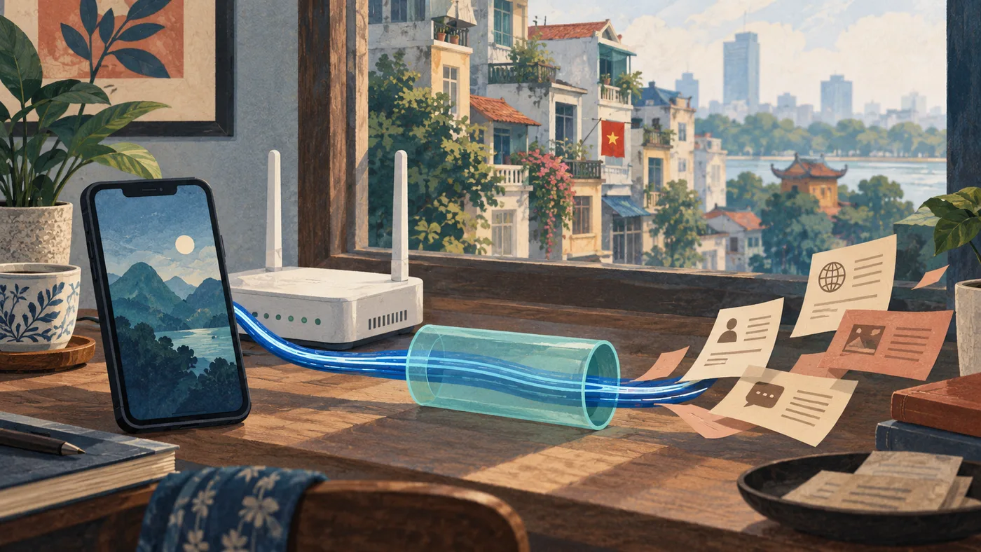 Illustrated phone and router beside a Vietnamese city window, with a protected cable and separate record cards